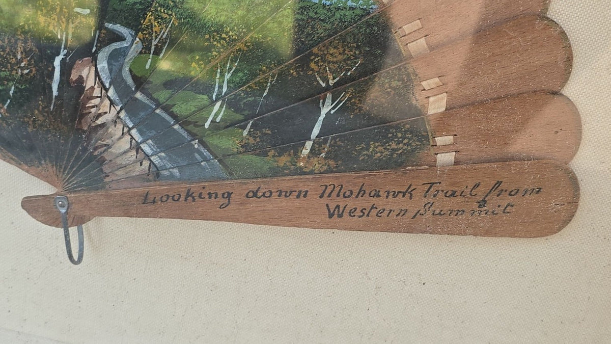 Antique Hand-Painted Wooden Fan, "Looking down Mohawk Trail from Western Summit," Massachusetts, in Modern Shadow Box Frame