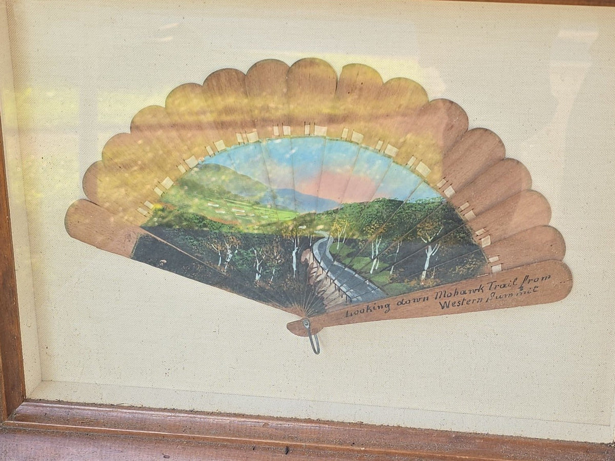 Antique Hand-Painted Wooden Fan, "Looking down Mohawk Trail from Western Summit," Massachusetts, in Modern Shadow Box Frame
