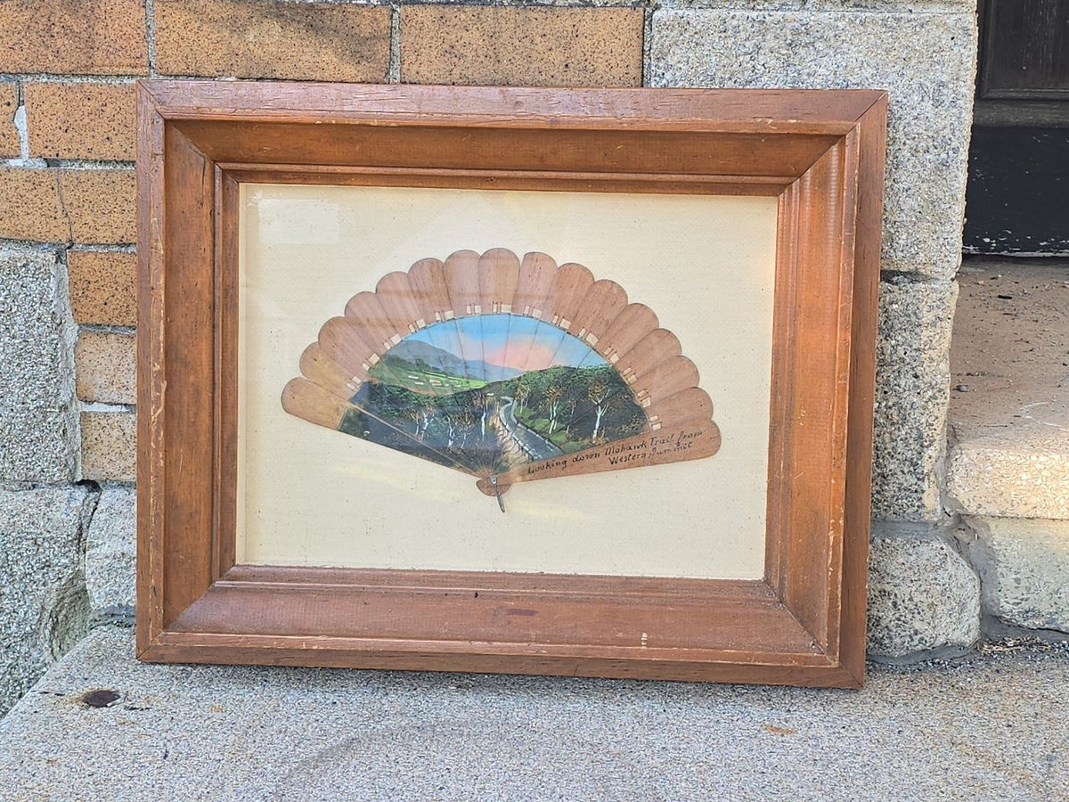 Antique Hand-Painted Wooden Fan, "Looking down Mohawk Trail from Western Summit," Massachusetts, in Modern Shadow Box Frame
