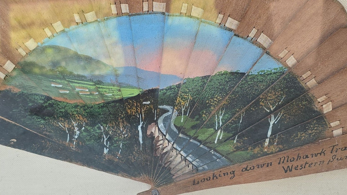 Antique Hand-Painted Wooden Fan, "Looking down Mohawk Trail from Western Summit," Massachusetts, in Modern Shadow Box Frame
