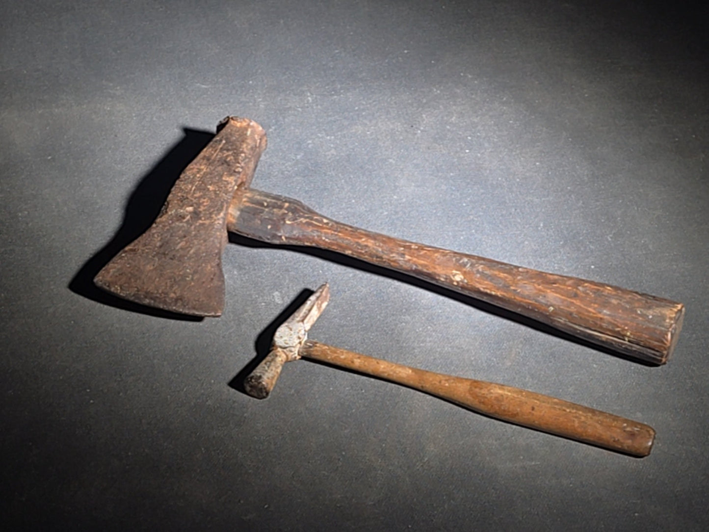 Pair of Antique Hand Tools including a Hatchet and a Small Cross Peen Hammer
