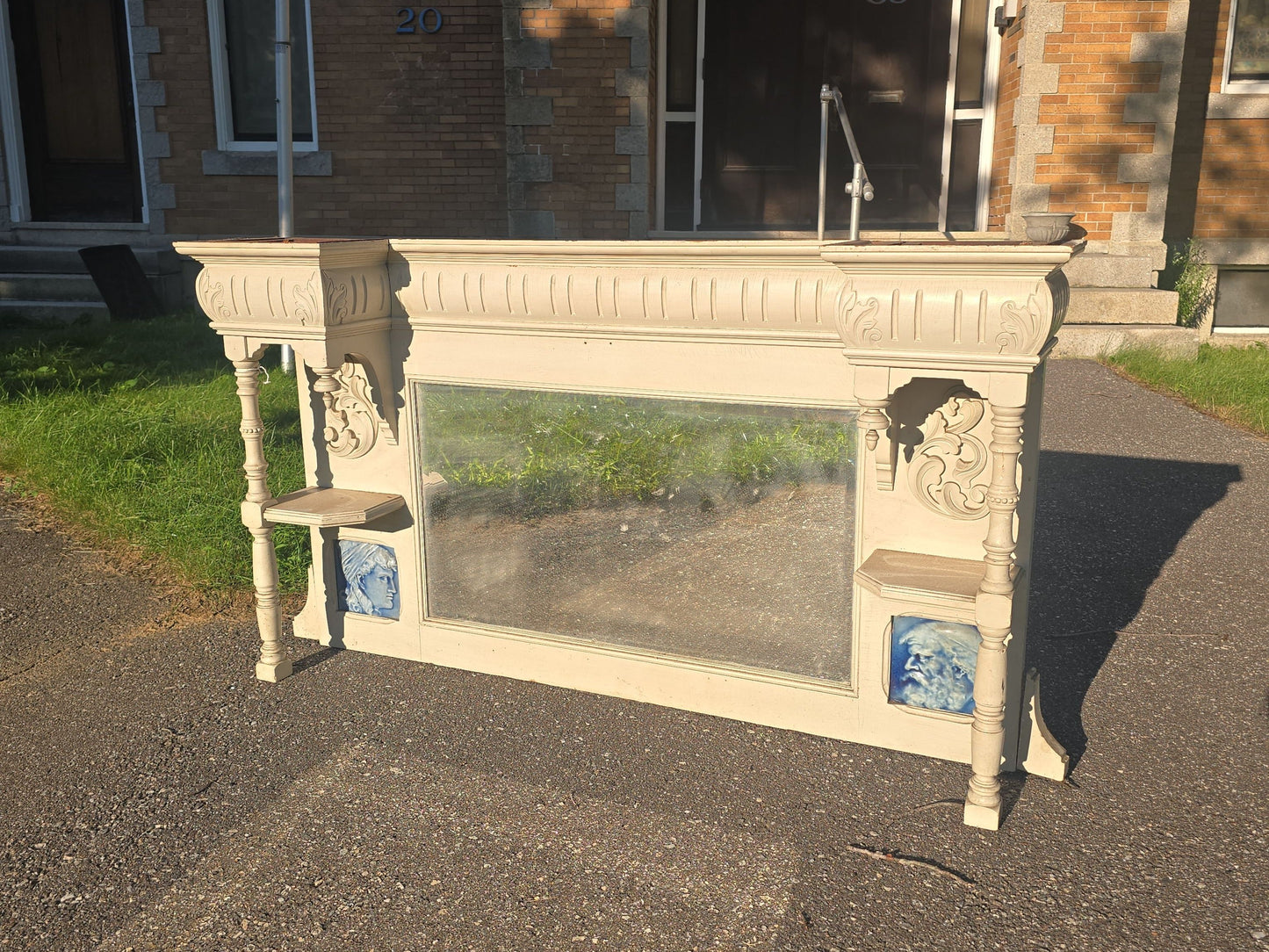 Antique Victorian Carved Wooden Overmantel Mirror with Blue Relief Portrait Tiles