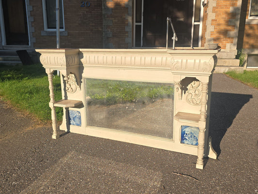 Antique Victorian Carved Wooden Overmantel Mirror with Blue Relief Portrait Tiles