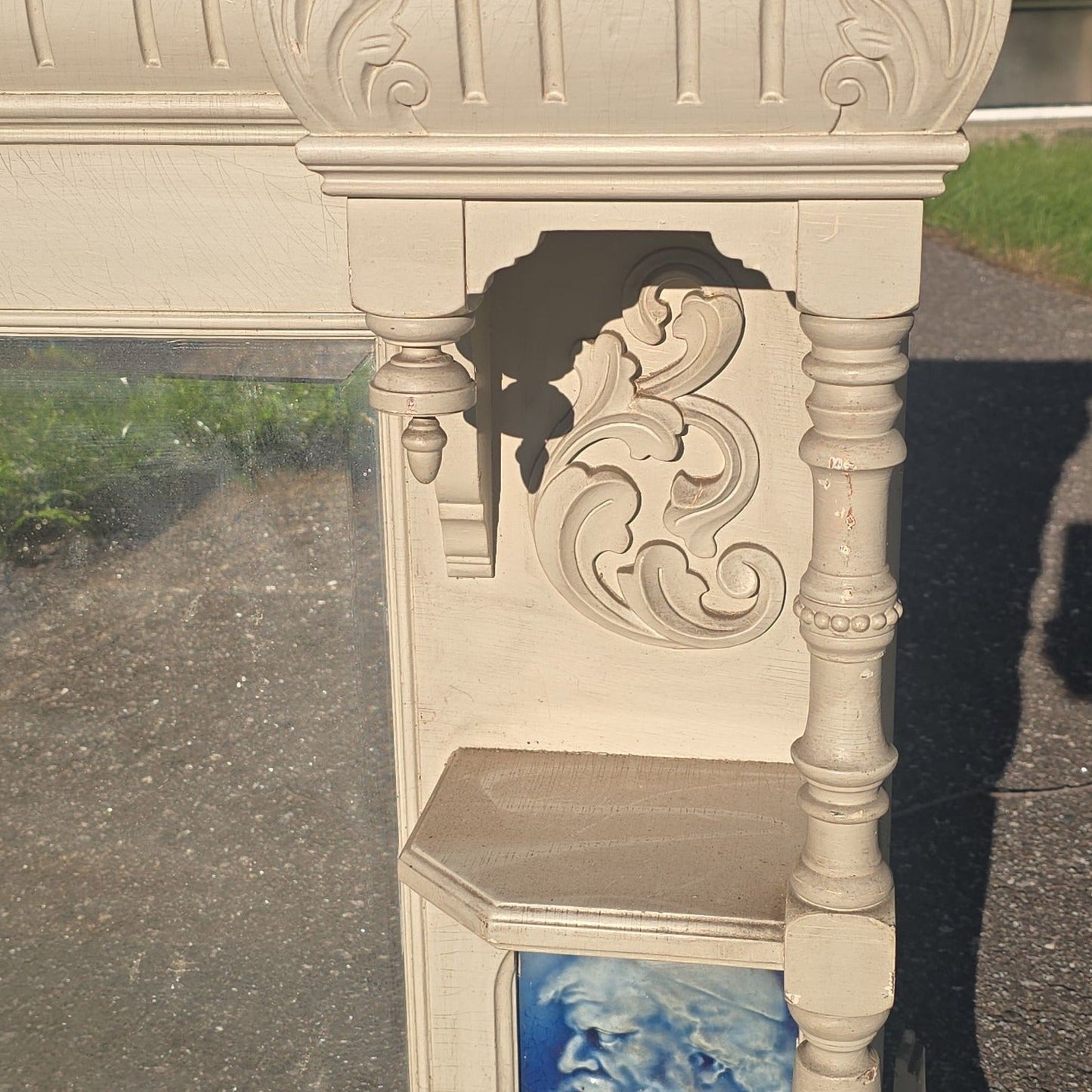 Antique Victorian Carved Wooden Overmantel Mirror with Blue Relief Portrait Tiles