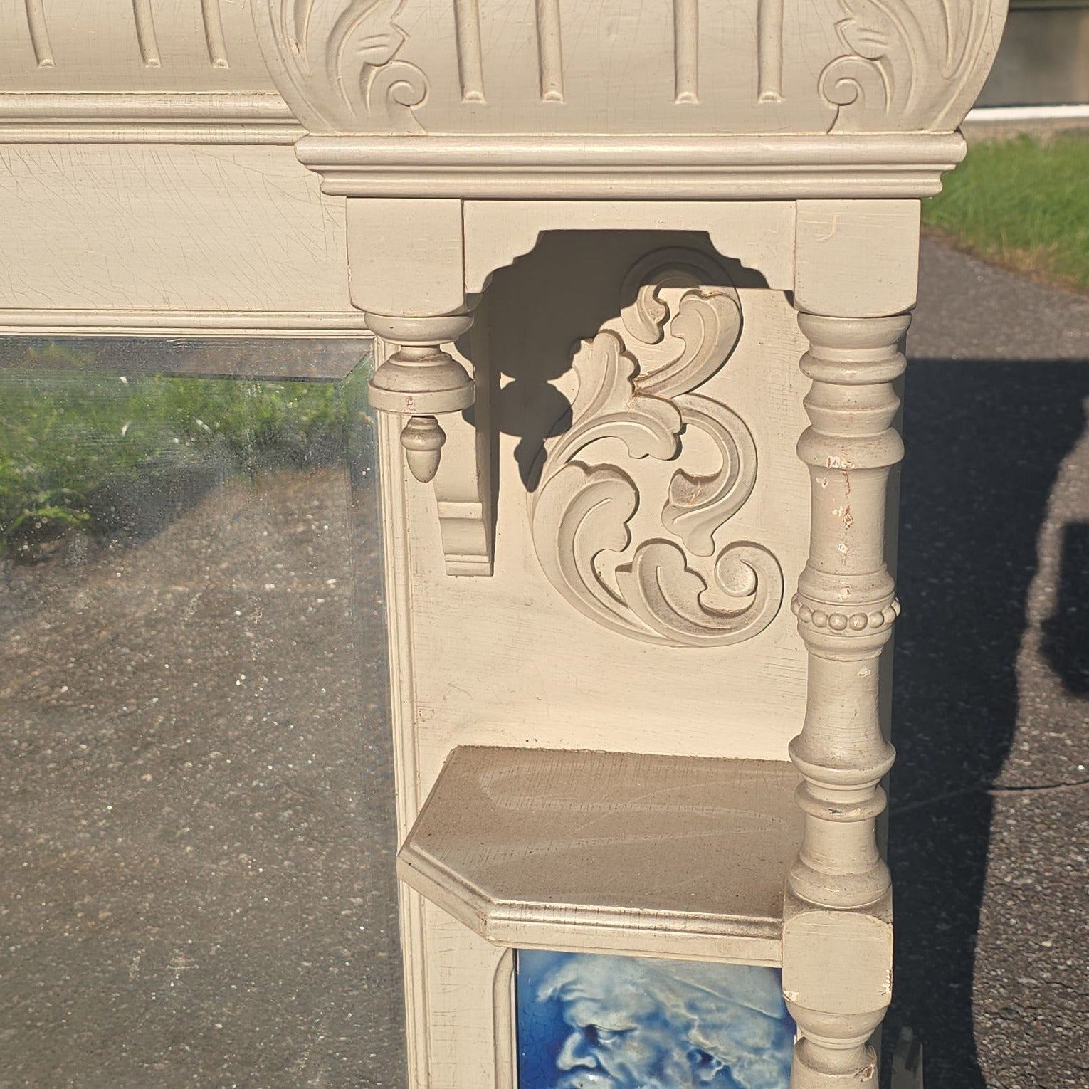 Antique Victorian Carved Wooden Overmantel Mirror with Blue Relief Portrait Tiles