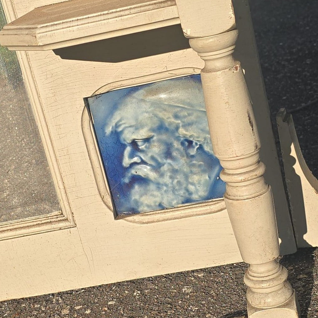 Antique Victorian Carved Wooden Overmantel Mirror with Blue Relief Portrait Tiles