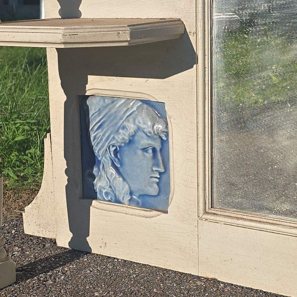 Antique Victorian Carved Wooden Overmantel Mirror with Blue Relief Portrait Tiles
