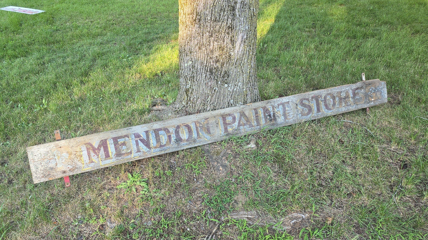 Vintage Hand-Painted Wooden "Mendon Paint Store" Trade Sign, Mendon, Massachusetts, with Ghost Lettering from Prior Use