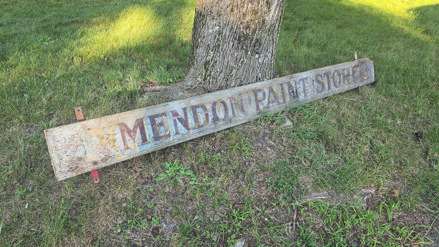 Vintage Hand-Painted Wooden "Mendon Paint Store" Trade Sign, Mendon, Massachusetts, with Ghost Lettering from Prior Use