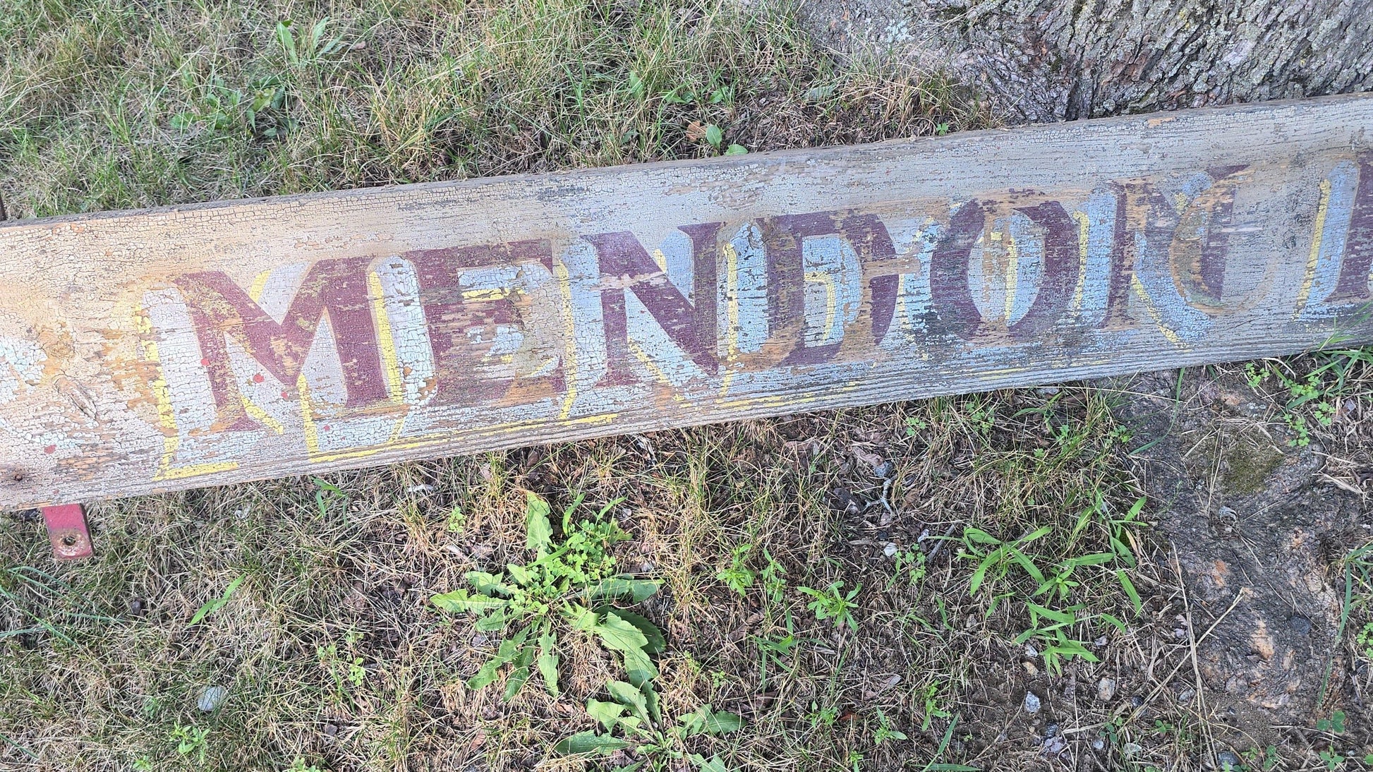 Vintage Hand-Painted Wooden "Mendon Paint Store" Trade Sign, Mendon, Massachusetts, with Ghost Lettering from Prior Use