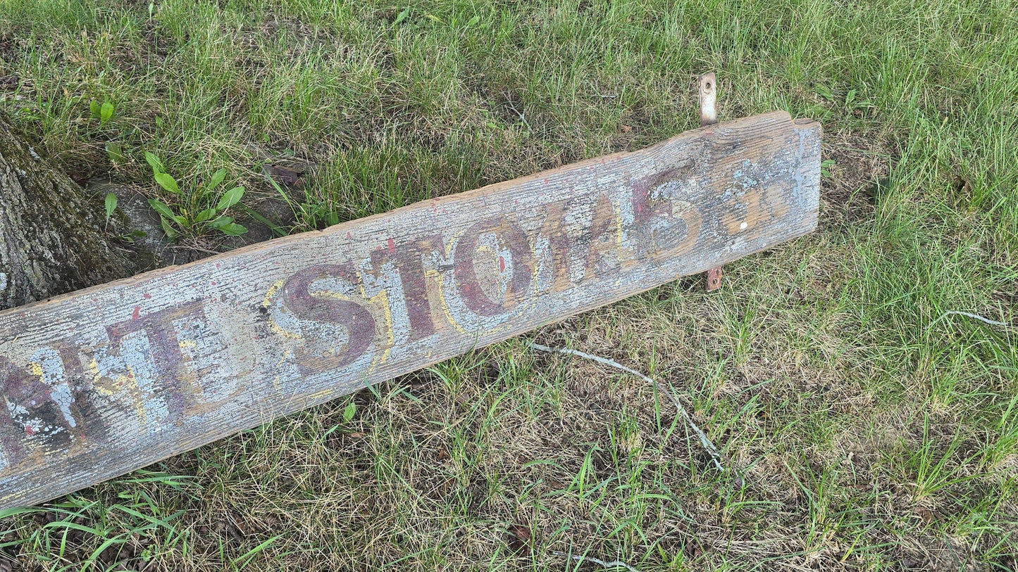 Vintage Hand-Painted Wooden "Mendon Paint Store" Trade Sign, Mendon, Massachusetts, with Ghost Lettering from Prior Use