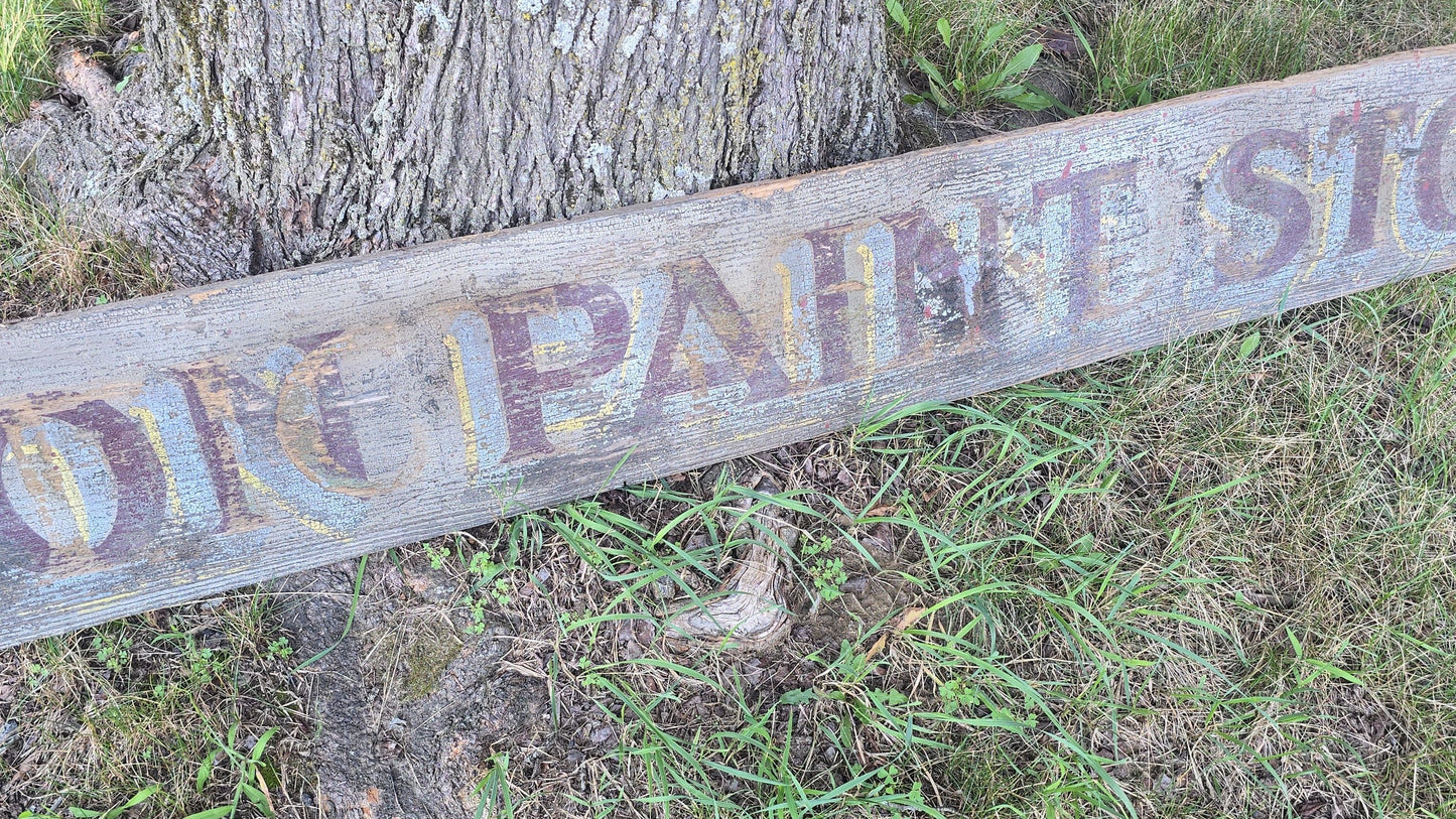 Vintage Hand-Painted Wooden "Mendon Paint Store" Trade Sign, Mendon, Massachusetts, with Ghost Lettering from Prior Use