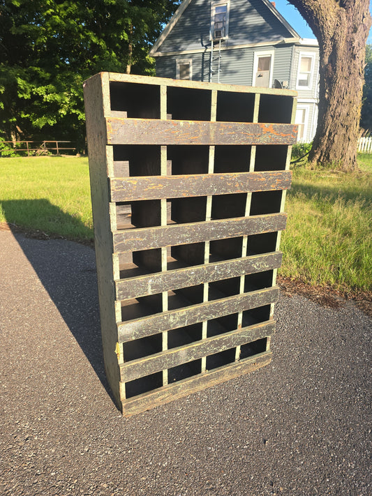 Vintage Painted Wooden Industrial Parts Cabinet with 28 Cubbyholes