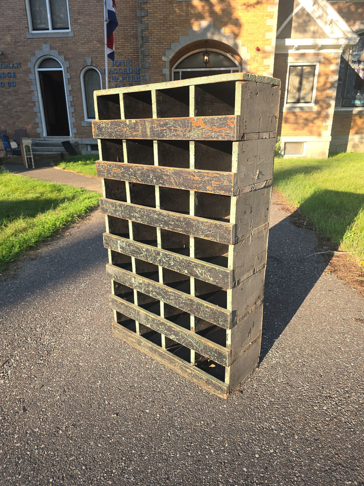 Vintage Painted Wooden Industrial Parts Cabinet with 28 Cubbyholes