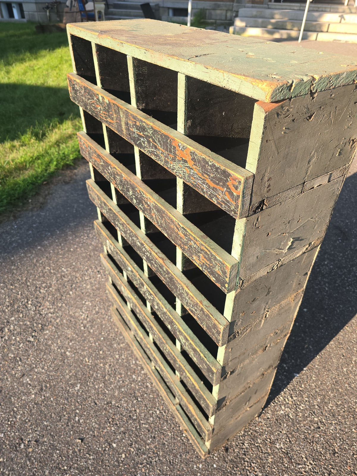 Vintage Painted Wooden Industrial Parts Cabinet with 28 Cubbyholes