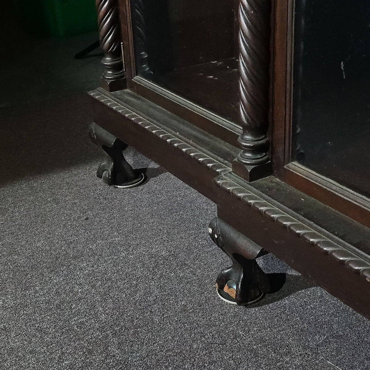 Antique Carved Three-Door Glass-Front Bookcase with Green Man Masks, Rope-Twist Columns, and Claw-and-Ball Feet