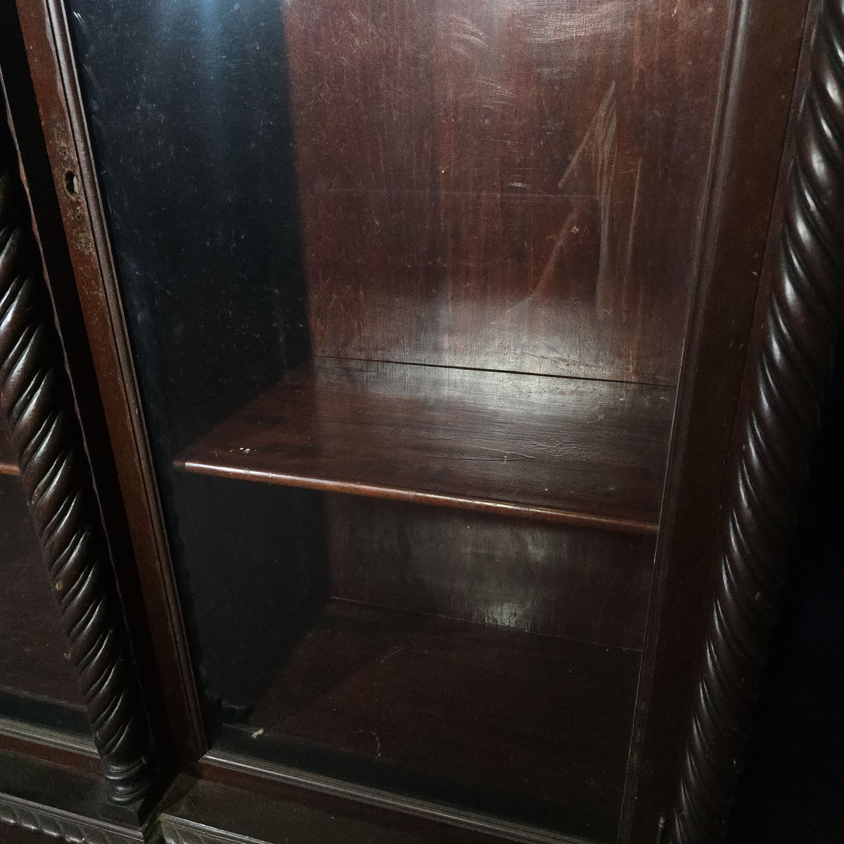 Antique Carved Three-Door Glass-Front Bookcase with Green Man Masks, Rope-Twist Columns, and Claw-and-Ball Feet