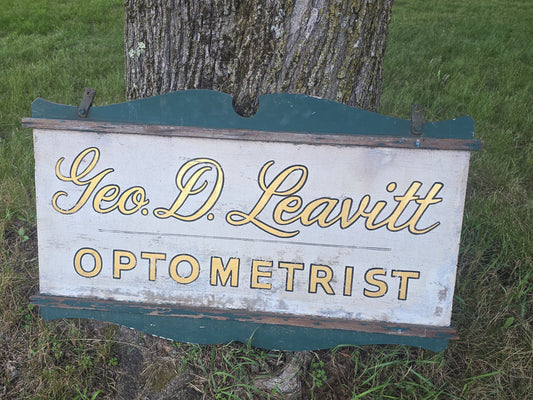 Vintage Hand-Painted Double-Sided Wooden "Geo. D. Leavitt Optometrist" Trade Sign
