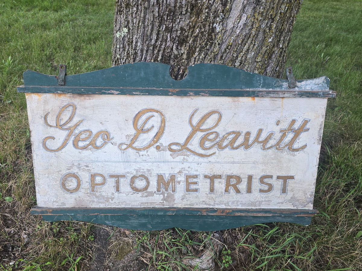 Vintage Hand-Painted Double-Sided Wooden "Geo. D. Leavitt Optometrist" Trade Sign
