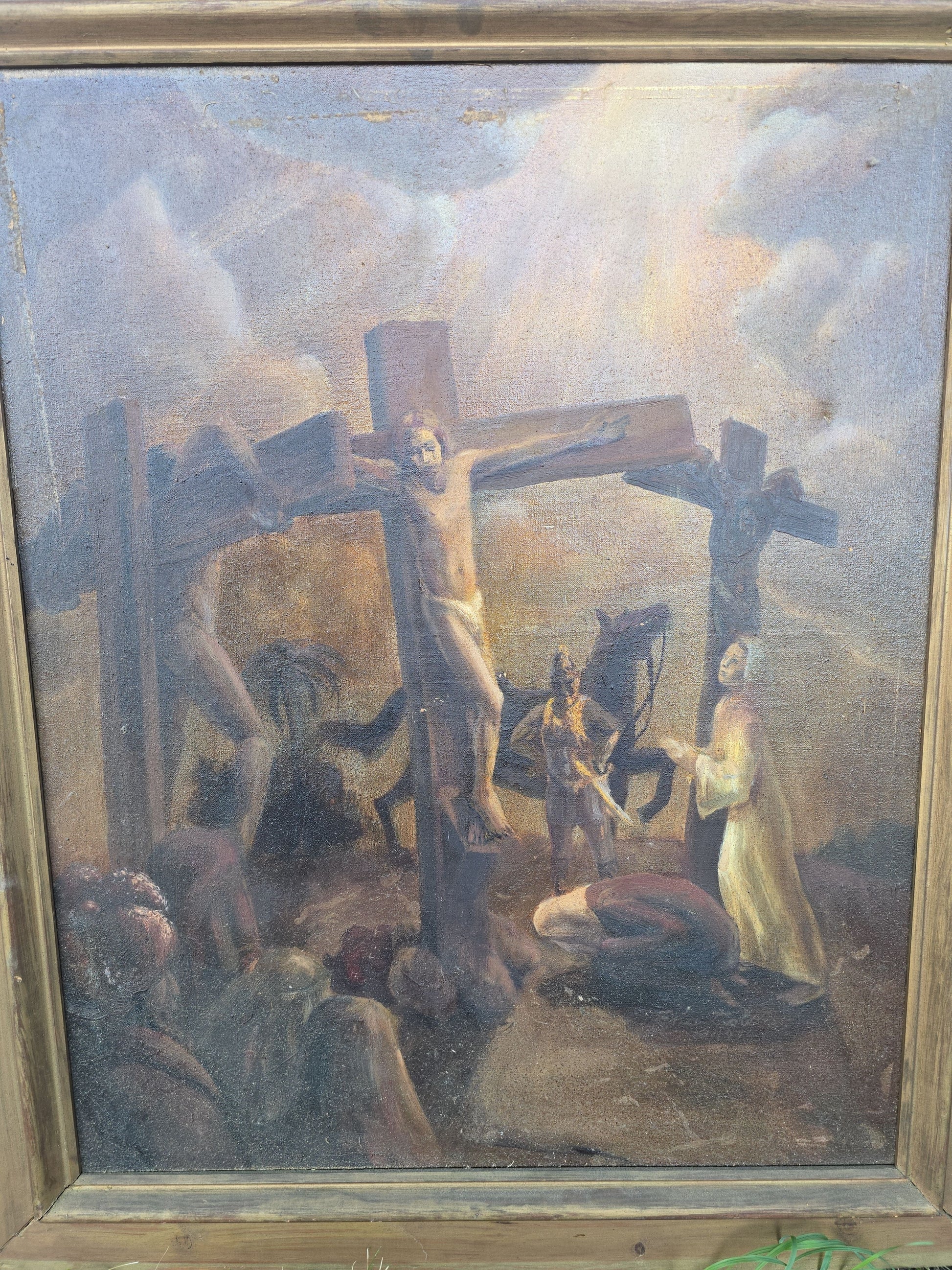 Vintage Oil Painting on Canvas, Crucifixion Scene, Unsigned, in Wooden Frame