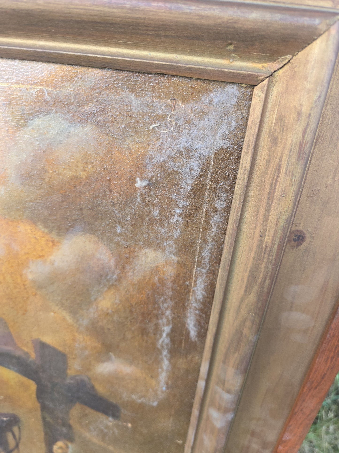 Vintage Oil Painting on Canvas, Crucifixion Scene, Unsigned, in Wooden Frame