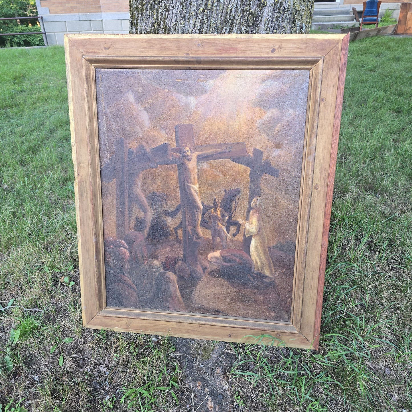Vintage Oil Painting on Canvas, Crucifixion Scene, Unsigned, in Wooden Frame
