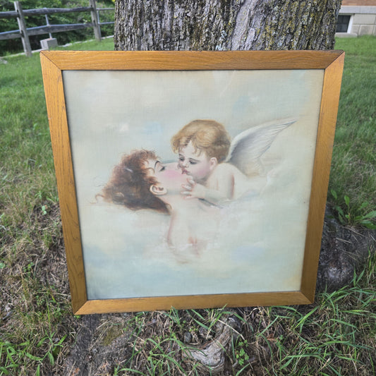 Antique Framed Print on Fabric, Cupid Kissing Psyche