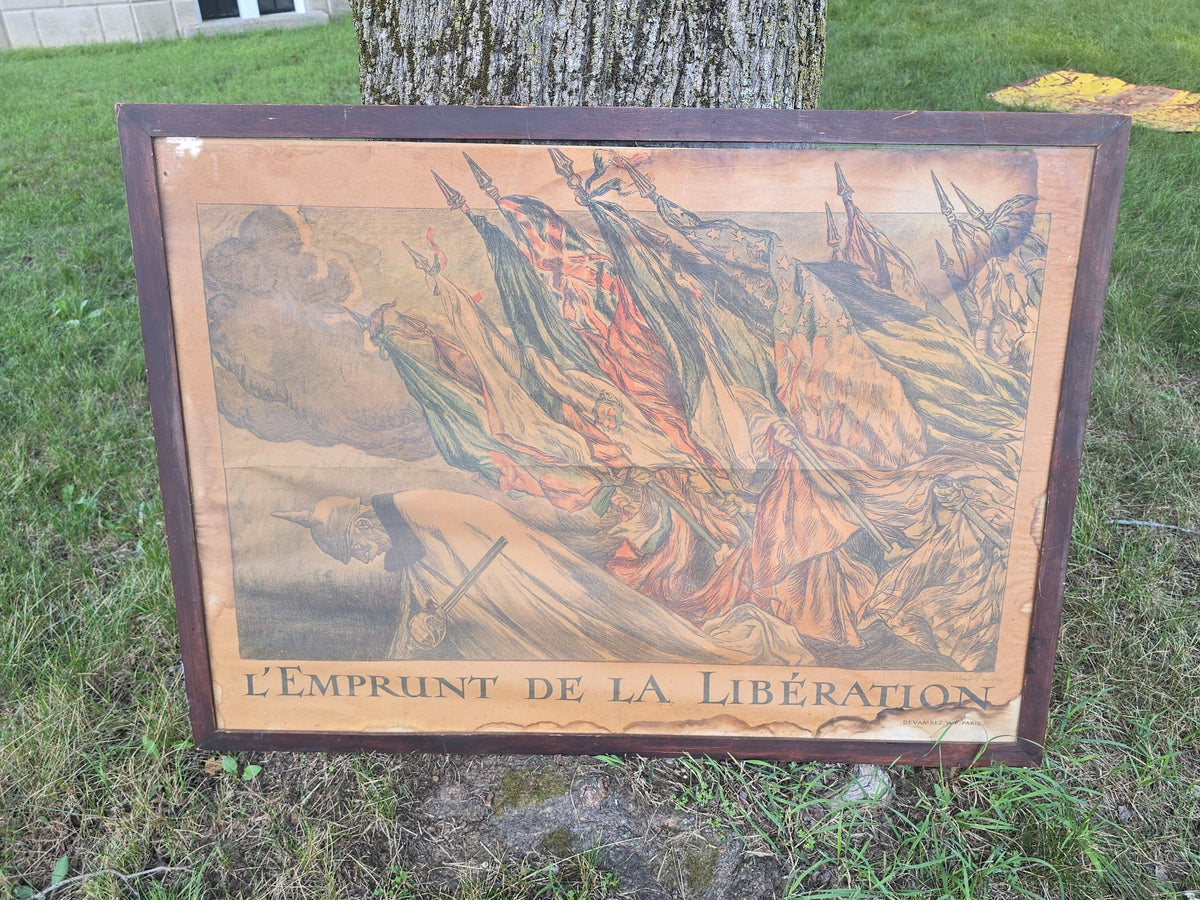 Antique Framed French WWI War Bond Poster, "L'Emprunt de la Liberation" ("The Liberation Loan") by Abel Faivre, Printed by Devambez, Paris, 1918