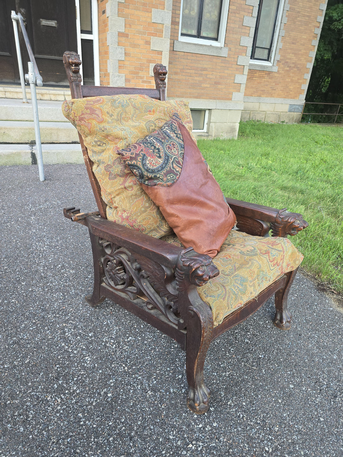 Antique Carved Oak Morris Chair with Lion Heads and Paw Feet
