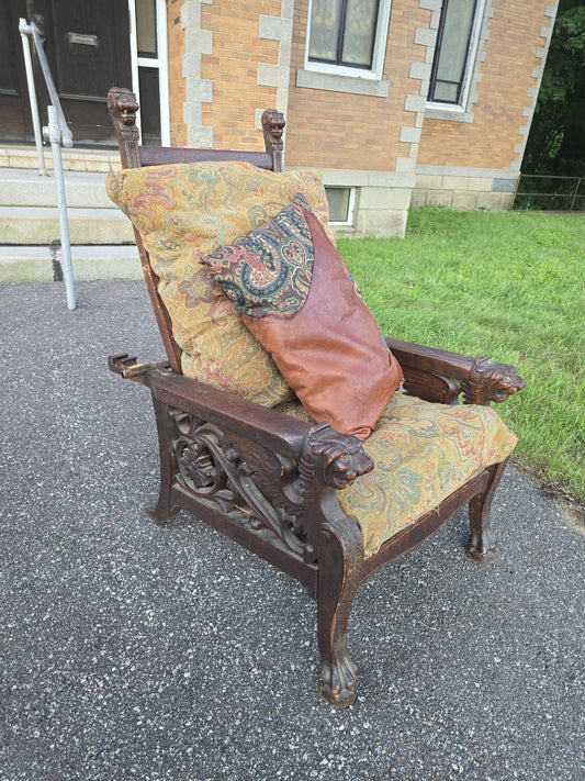 Antique Carved Oak Morris Chair with Lion Heads and Paw Feet
