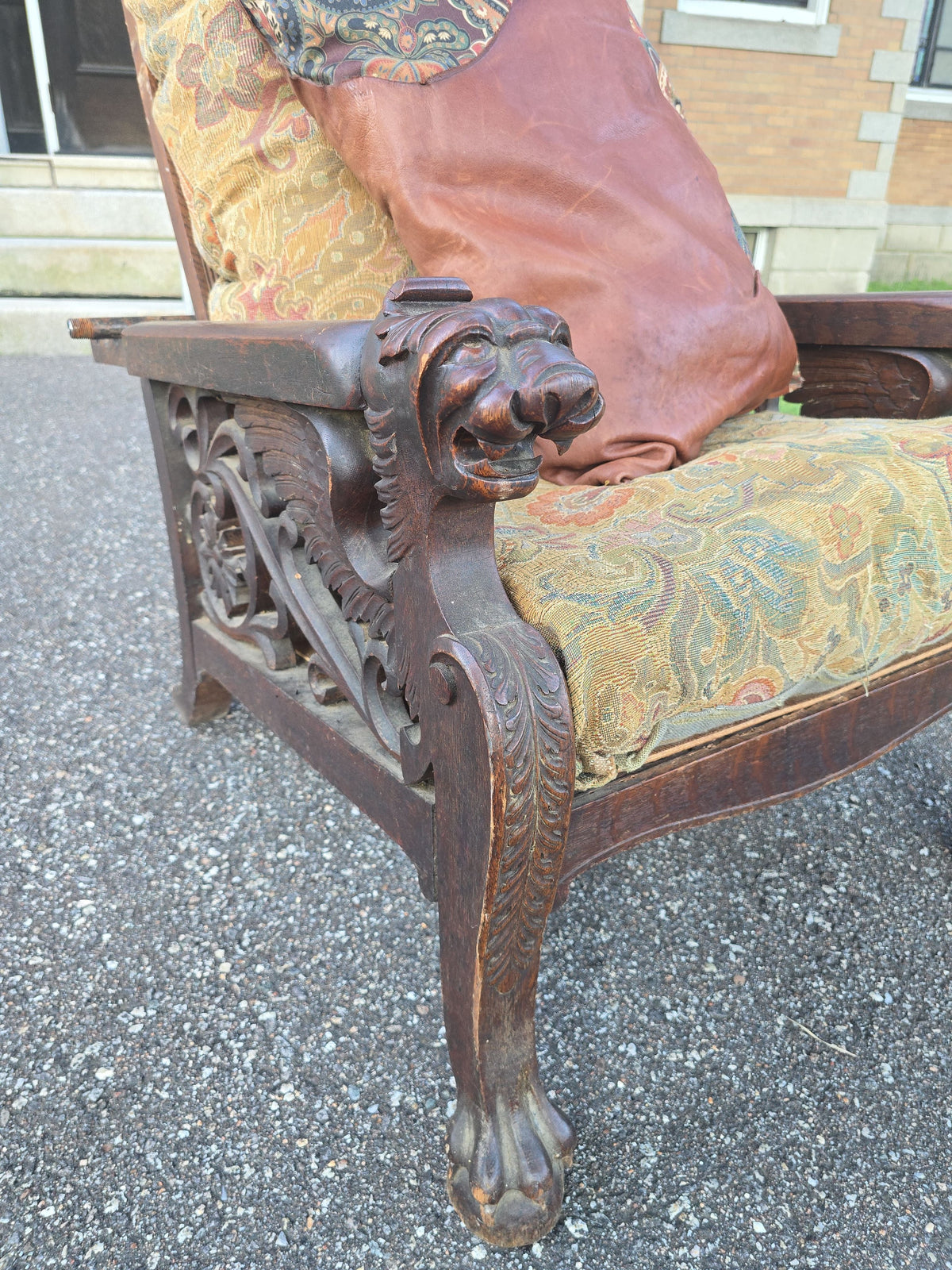 Antique Carved Oak Morris Chair with Lion Heads and Paw Feet