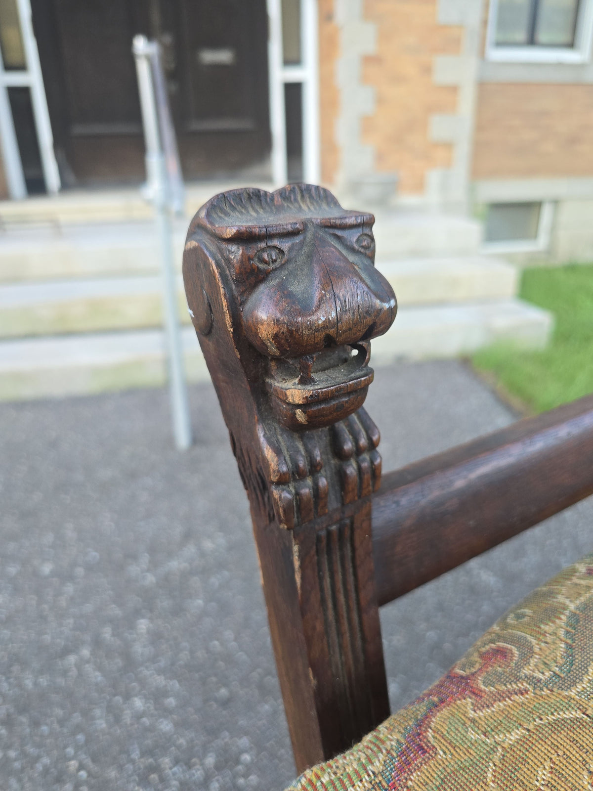 Antique Carved Oak Morris Chair with Lion Heads and Paw Feet