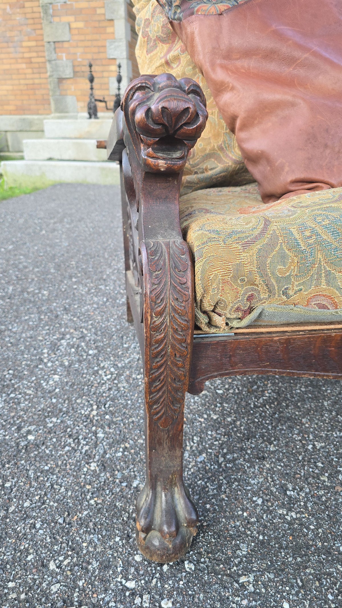 Antique Carved Oak Morris Chair with Lion Heads and Paw Feet