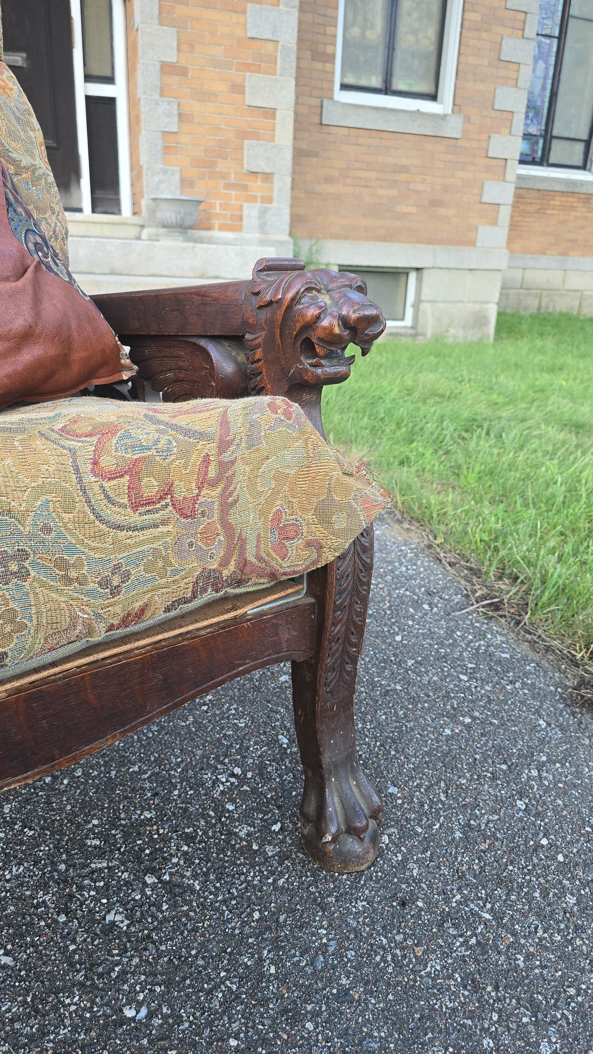 Antique Carved Oak Morris Chair with Lion Heads and Paw Feet