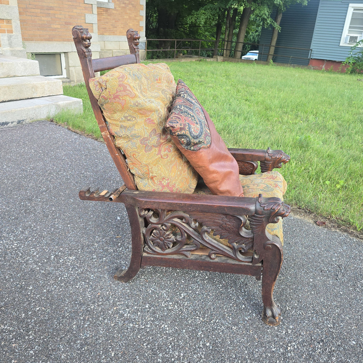 Antique Carved Oak Morris Chair with Lion Heads and Paw Feet