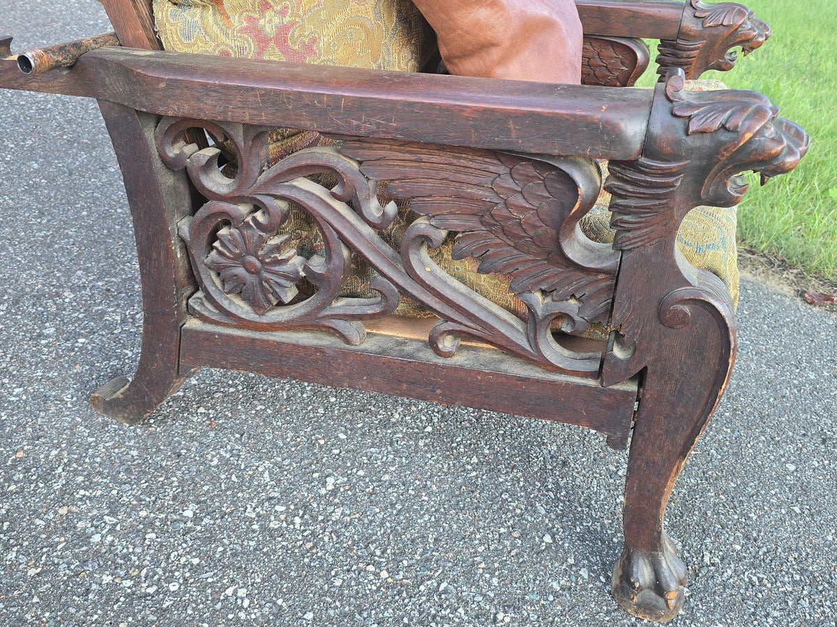 Antique Carved Oak Morris Chair with Lion Heads and Paw Feet