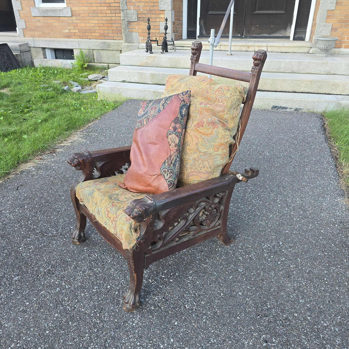 Antique Carved Oak Morris Chair with Lion Heads and Paw Feet