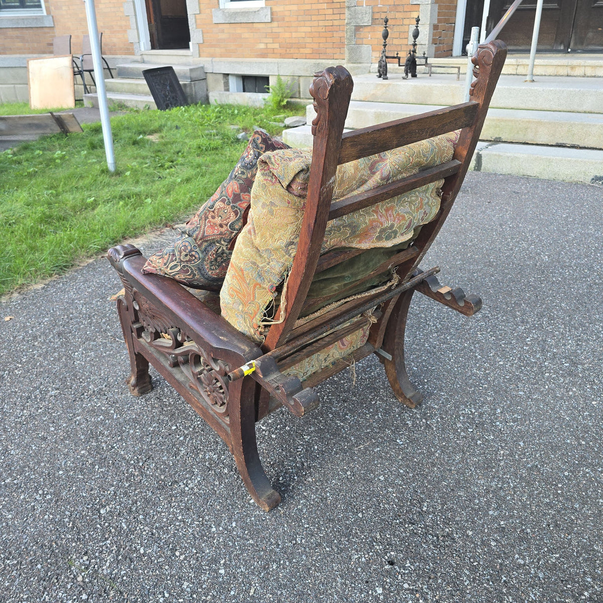 Antique Carved Oak Morris Chair with Lion Heads and Paw Feet