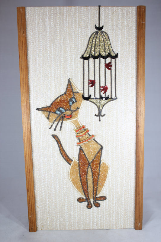 Mid-Century Cat with Bird Cage Wall Hanging, 9.5x18"