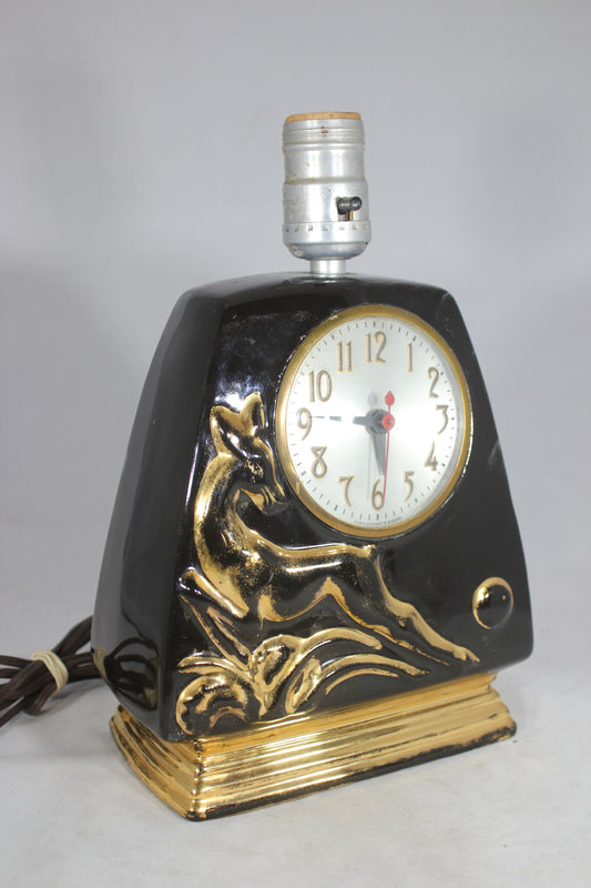 Mid-Century Art Deco Cermaic Lamp and Clock with Golden Deer