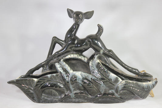 Mid-Century Black and Grey Ceramic Deer TV Lamp and Planter