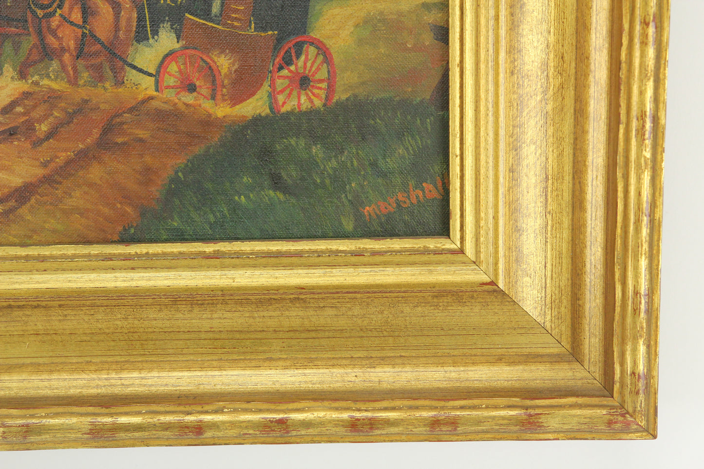 Oil on Canvas Painting of a Horse Drawn Carriage, Signed Marshall - 17.5 x 14.5"
