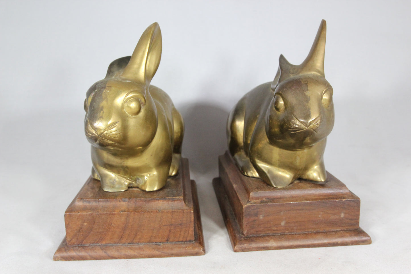 Brass Bunnies on Wooden Bases Bookends, Made in India