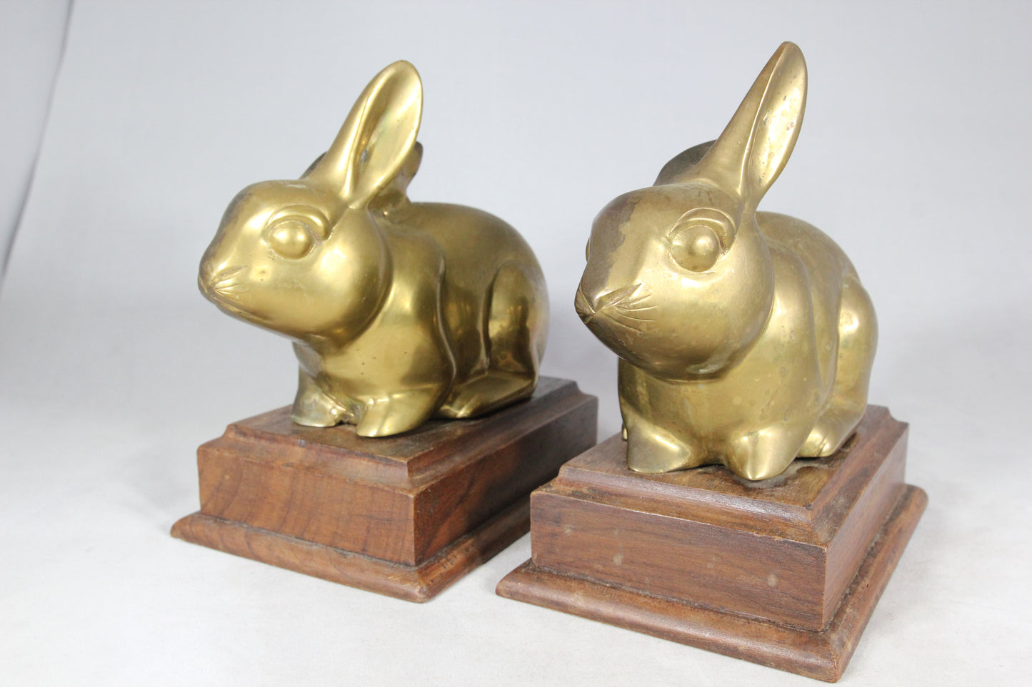 Brass Bunnies on Wooden Bases Bookends, Made in India