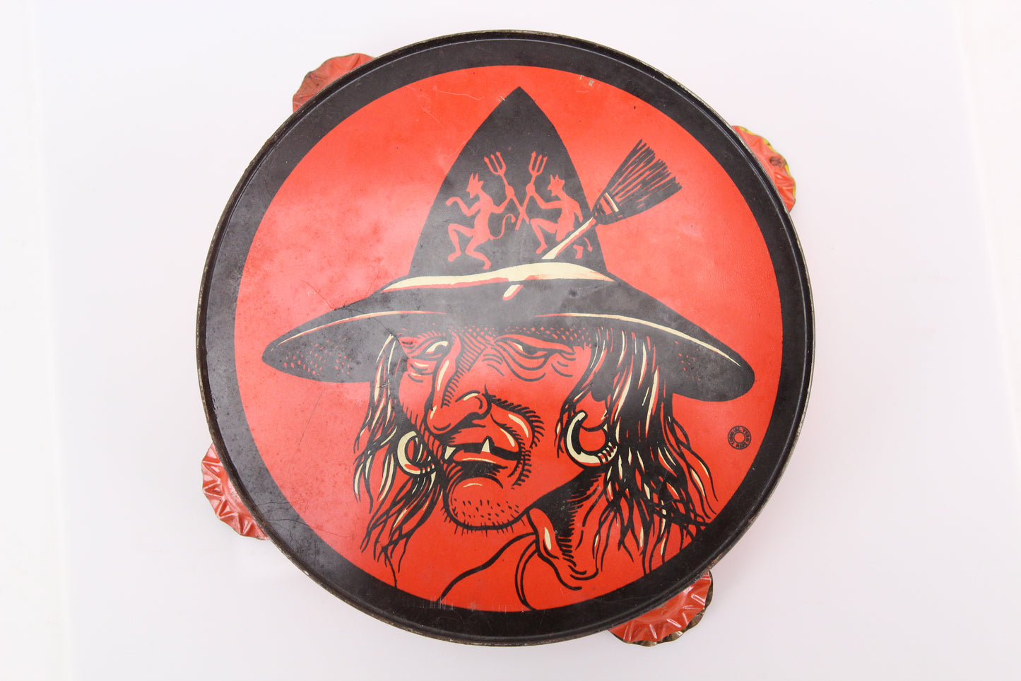 Vintage Halloween Witch Dancing Devils Hat Tin Lithograph Tambourine by T. Cohn