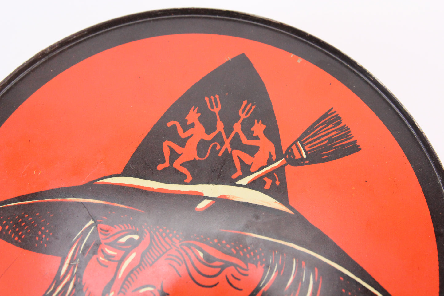 Vintage Halloween Witch Dancing Devils Hat Tin Lithograph Tambourine by T. Cohn