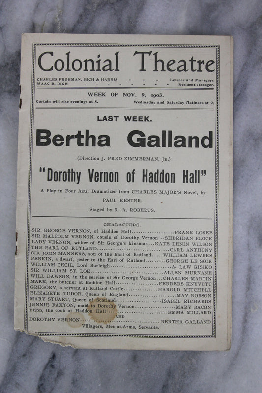 Antique Playbill from Colonial Theatre, Boston, Week of Nov. 9, 1903