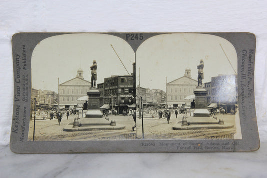 Monument of Samuel Adams and Old Faneuil Hall, Boston, Mass. - Keystone Stereo Card