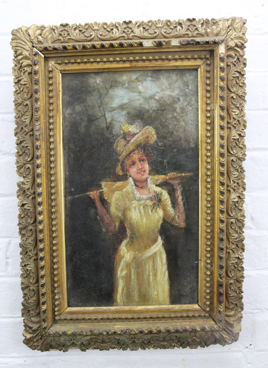 19th Century Oil Painting on Canvas of a Woman in Ornate Wood Frame - 13" x 19"