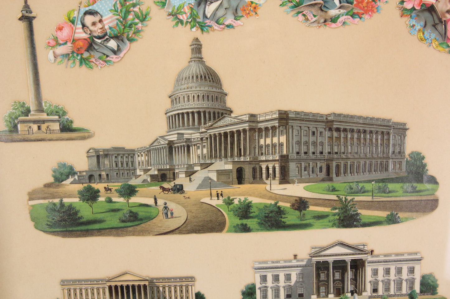 Antique Framed Washington DC Landmark Die Cuts and Presidential Valentines